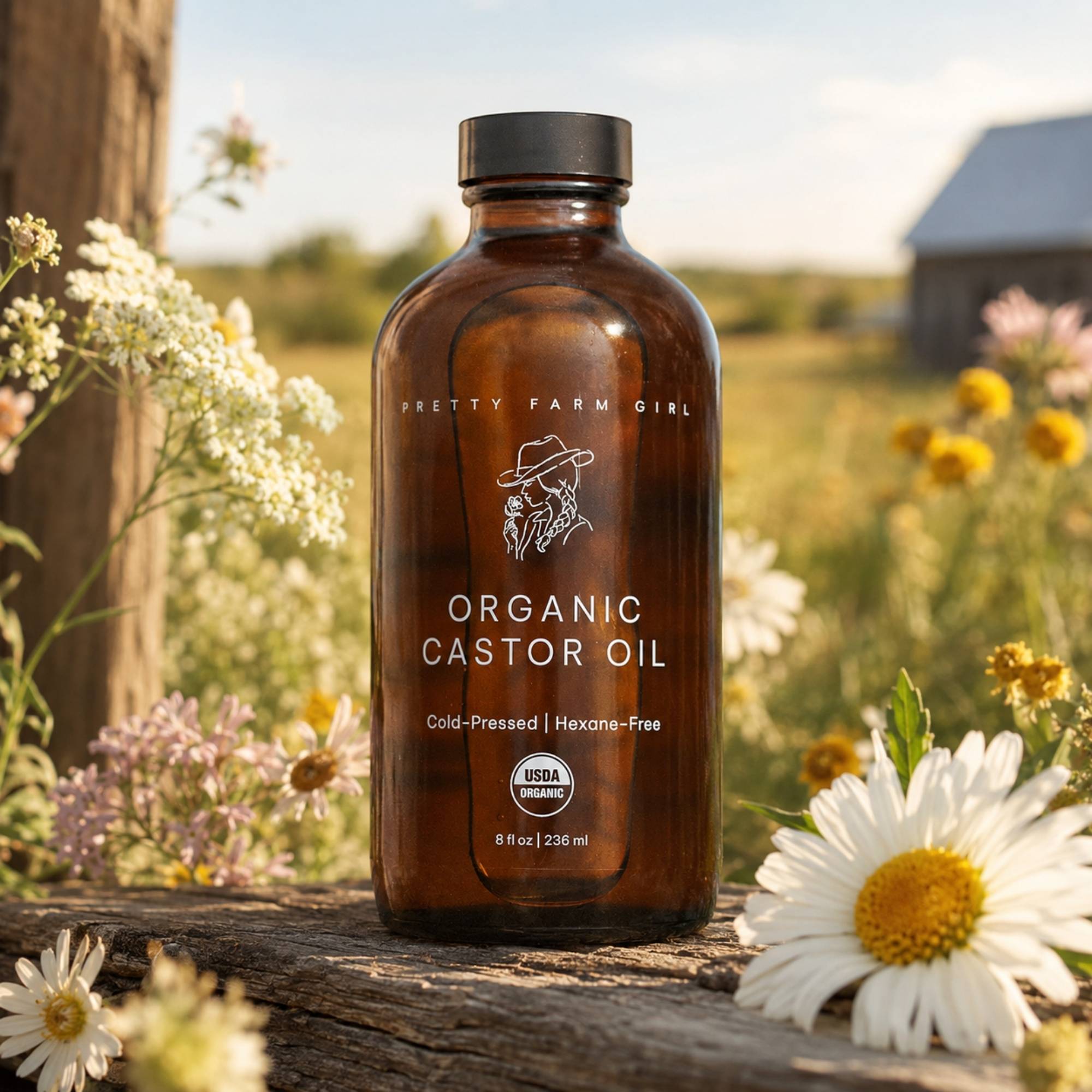 A bottle of Pretty Farm Girl Organic Castor Oil stands on a rustic wooden surface outdoors, surrounded by white and yellow wildflowers, with a blurred farm background.