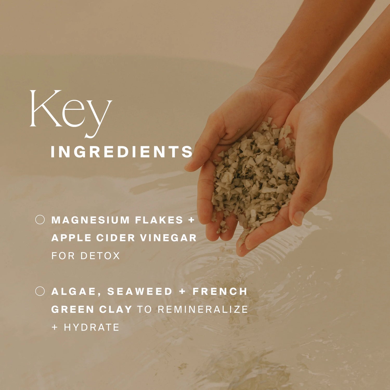 Hands holding a mixture of magnesium flakes and apple cider vinegar with text about key ingredients on a blurred background.