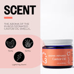 Ozone-infused castor oil jar with scents description of nutty, earthy, lightning storm, on a pink background.