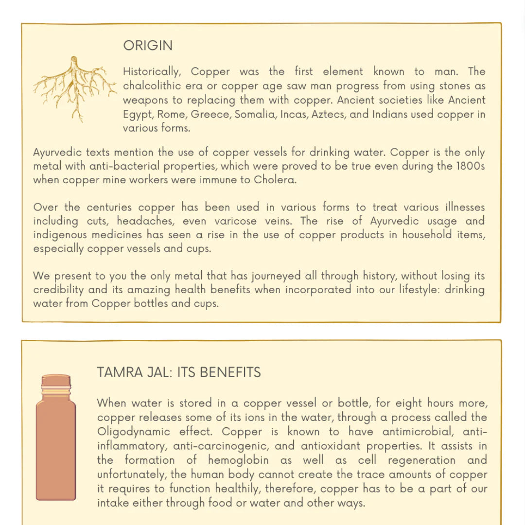 Text detailing the history and benefits of copper vessels for drinking water, with a visual of a copper bottle.