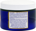 Blue jar with white lid containing mustard powder, featuring text on the label.