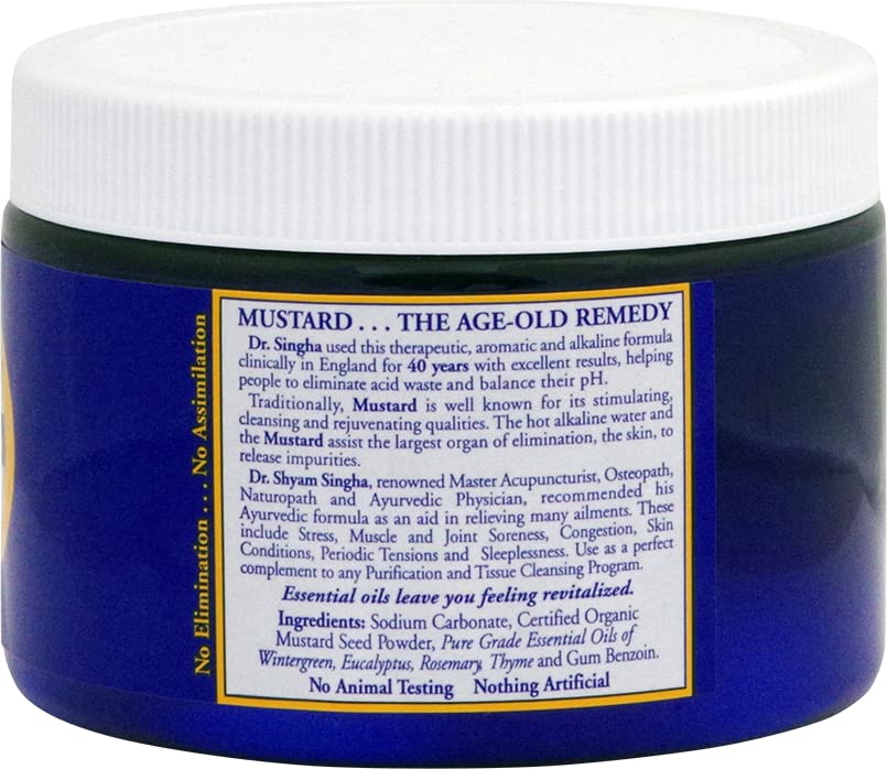 Blue jar with white lid containing mustard powder, featuring text on the label.