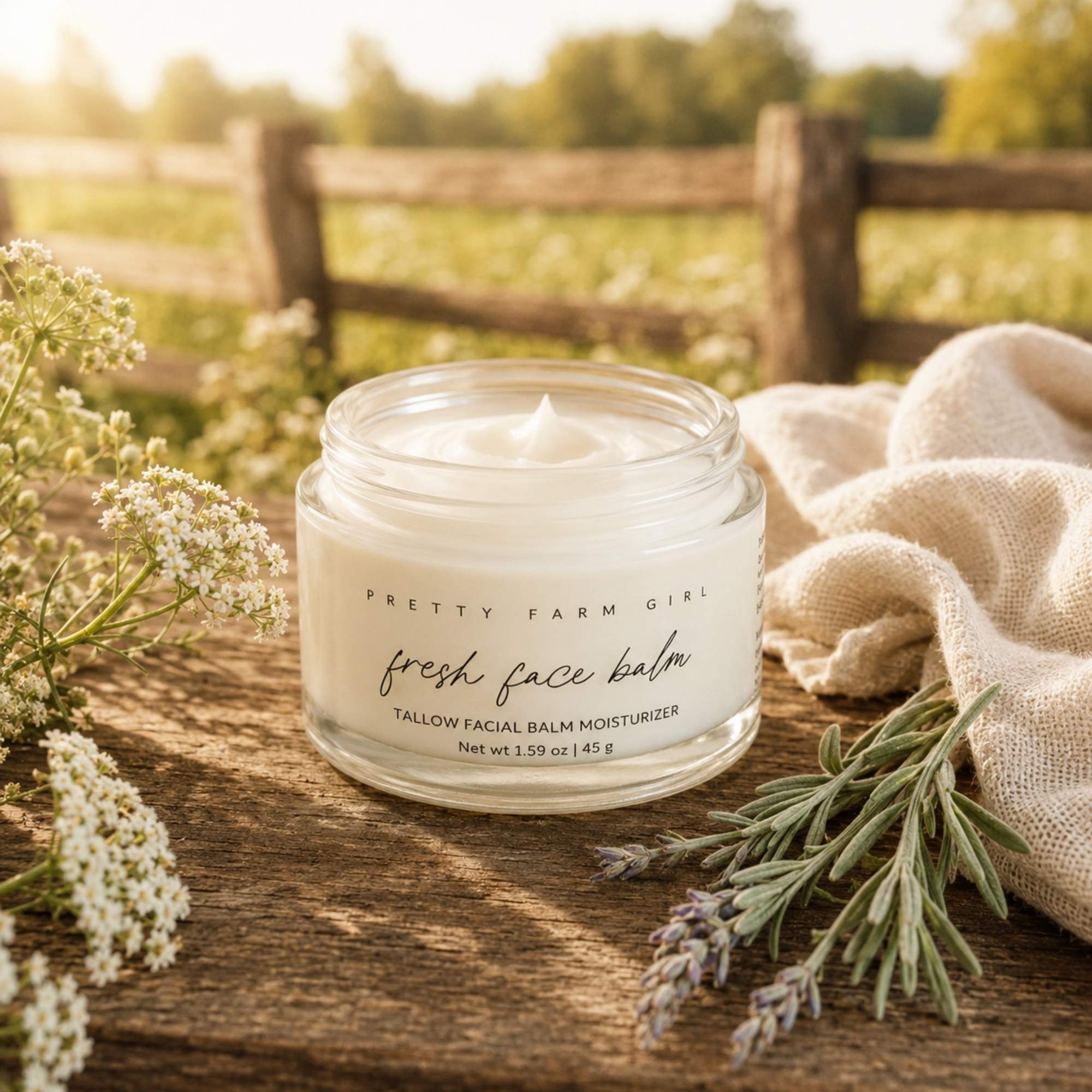 A jar of Pretty Farm Girl Fresh Face Balm sits on a rustic wooden table outdoors, surrounded by white flowers, rosemary, and a beige linen cloth, with a blurred fence and greenery in the background.