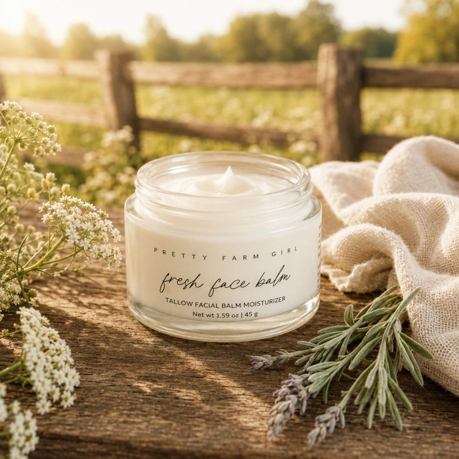 A jar of Pretty Farm Girl Fresh Face Balm sits on a rustic wooden table outdoors, surrounded by white flowers, rosemary, and a beige linen cloth, with a blurred fence and greenery in the background.