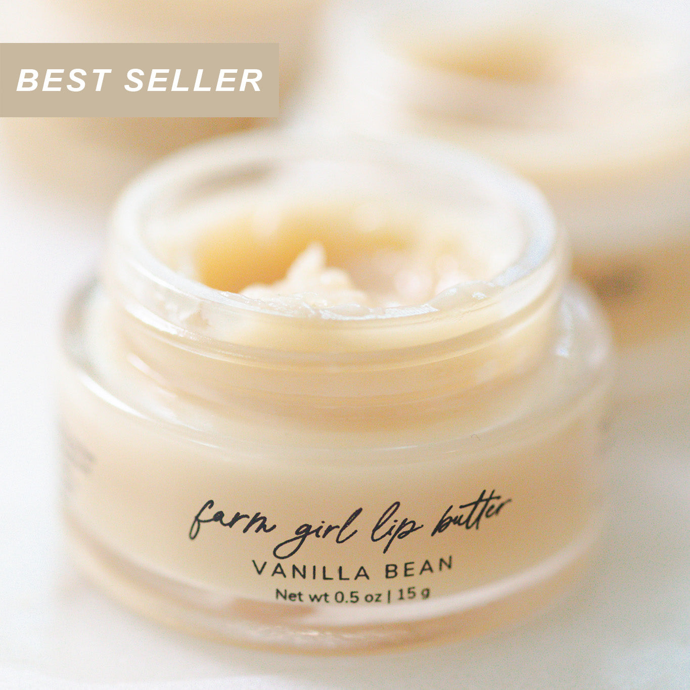 Jar of 'farm girl lip butter Vanilla Bean' with 'BEST SELLER' text above.