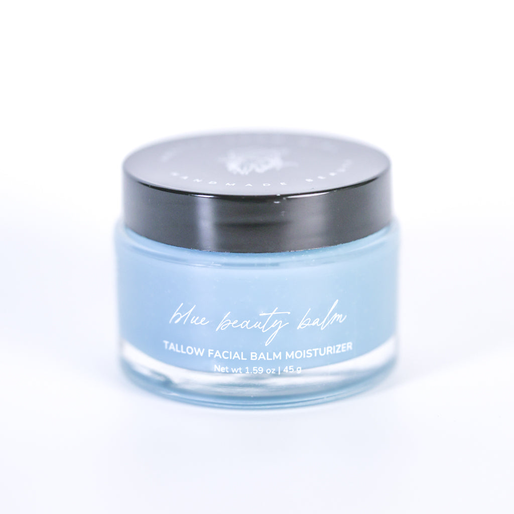 Pretty Farm Girl Blue Beauty Balm Soothing Tallow Face Balm jar on a white background.