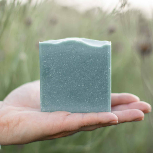 Blue Beauty Facial Bar held in hand outdoors with a soft natural background