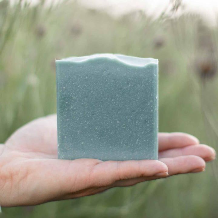 Blue Beauty Facial Bar held in hand outdoors with a soft natural background