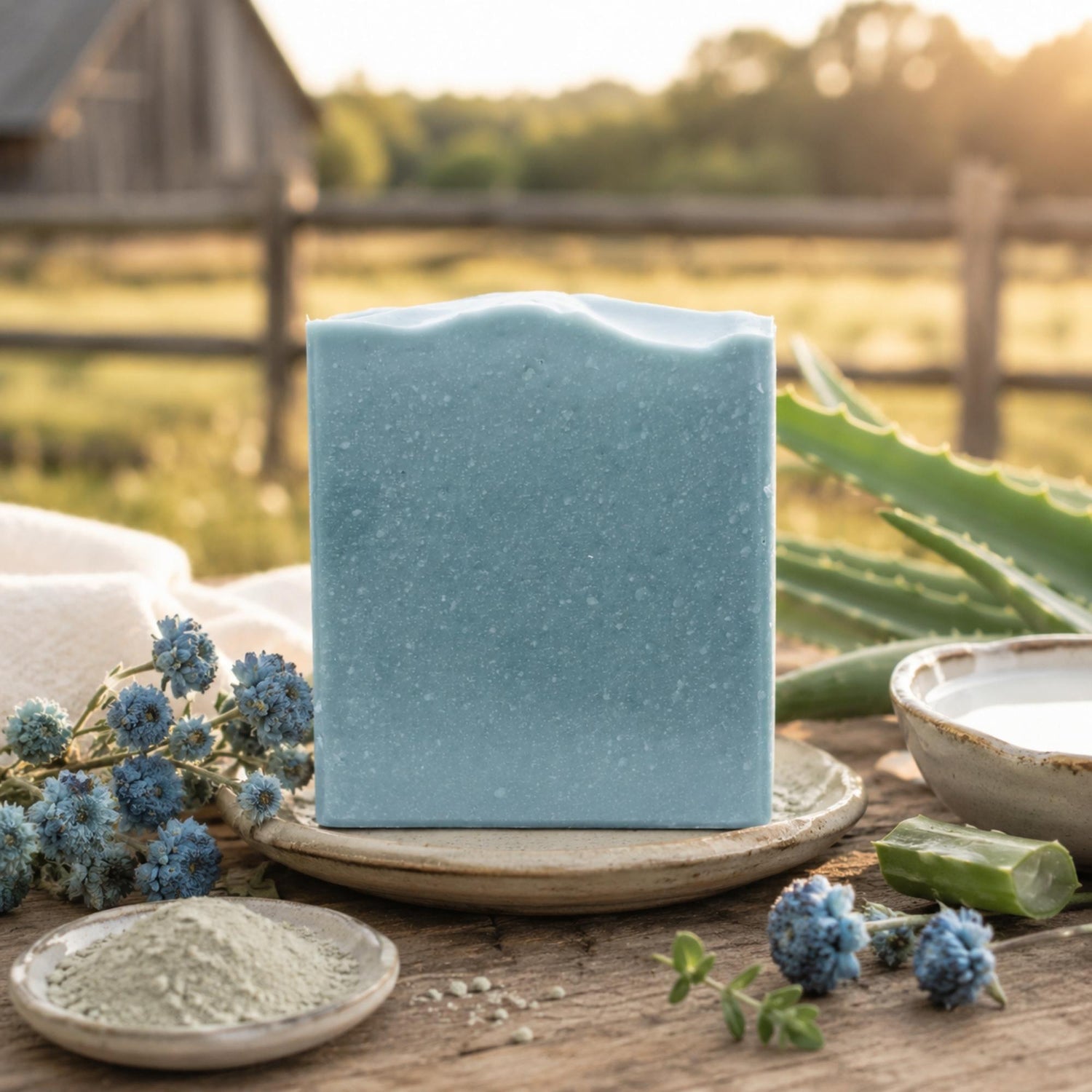 A rectangular Blue Beauty Cream soap bar with tiny white specks sits on a small ceramic dish on a rustic wooden table. Surrounding it are dried blue flowers, aloe vera, a small bowl of white powder, and a blurred outdoor background with a fence and barn.