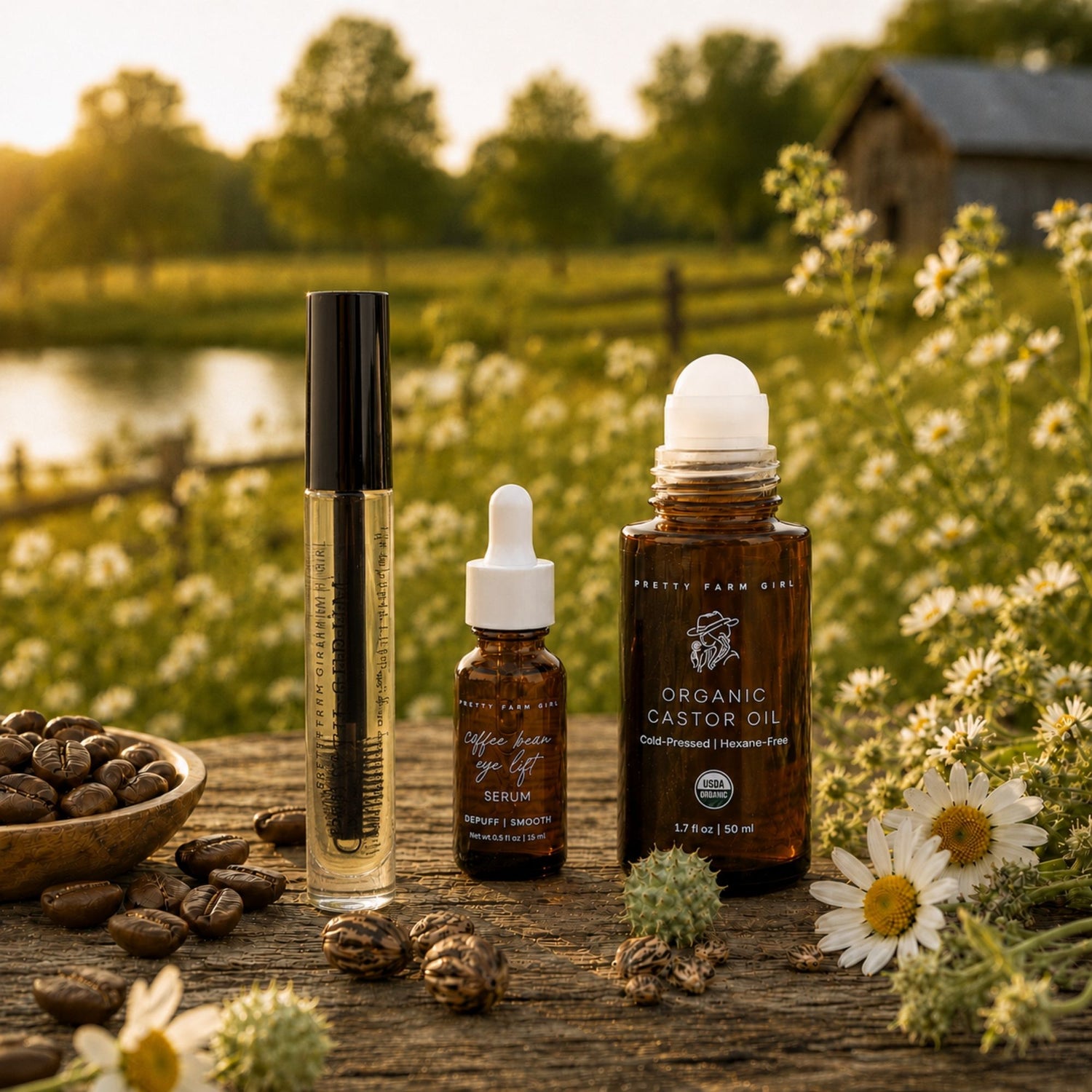 Three cosmetic bottles from Pretty Farm Girl arranged on a rustic wooden table outdoors, surrounded by daisies, coffee beans, and herbs. The products include a clear roll-on bottle, a small dropper bottle labeled coffee bean age lift, and a larger amber bottle labeled Organic Castor Oil.