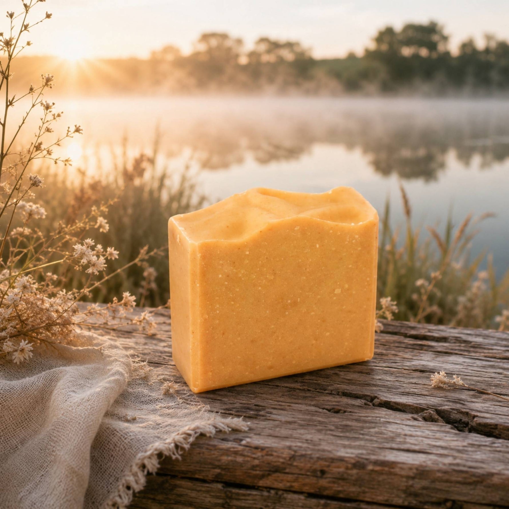 A rectangular bar of Brightening Vitamin C and Bakuchiol soap with a rustic, hand-drawn top surface, resting on a weathered wooden plank draped with a beige linen cloth and dried white flowers. The background is a soft-focus outdoor lakeside scene at sunrise with mist and trees.