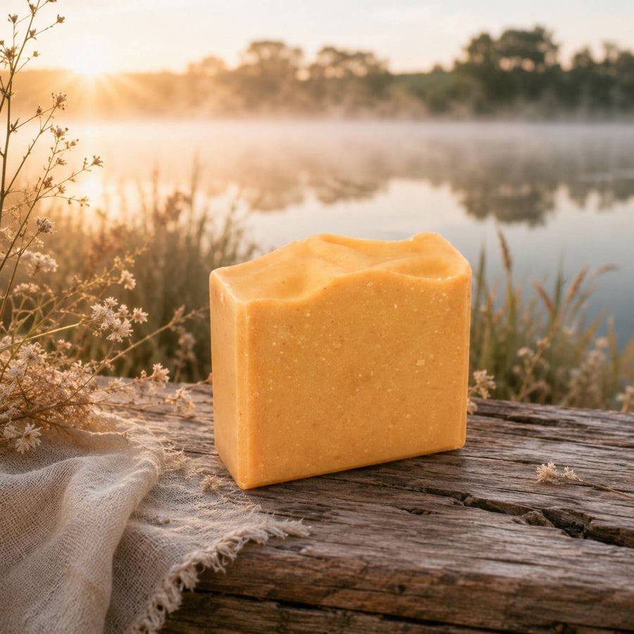 A rectangular bar of Brightening Vitamin C and Bakuchiol soap with a rustic, hand-drawn top surface, resting on a weathered wooden plank draped with a beige linen cloth and dried white flowers. The background is a soft-focus outdoor lakeside scene at sunrise with mist and trees.