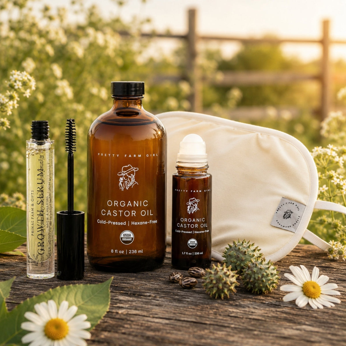 A curated Pretty Farm Girl castor oil routine set arranged on a rustic wooden table outdoors, featuring Organic Castor Oil, a Castor Oil Roller, Eyelash + Brow Serum, and a reusable cotton applicator cloth.