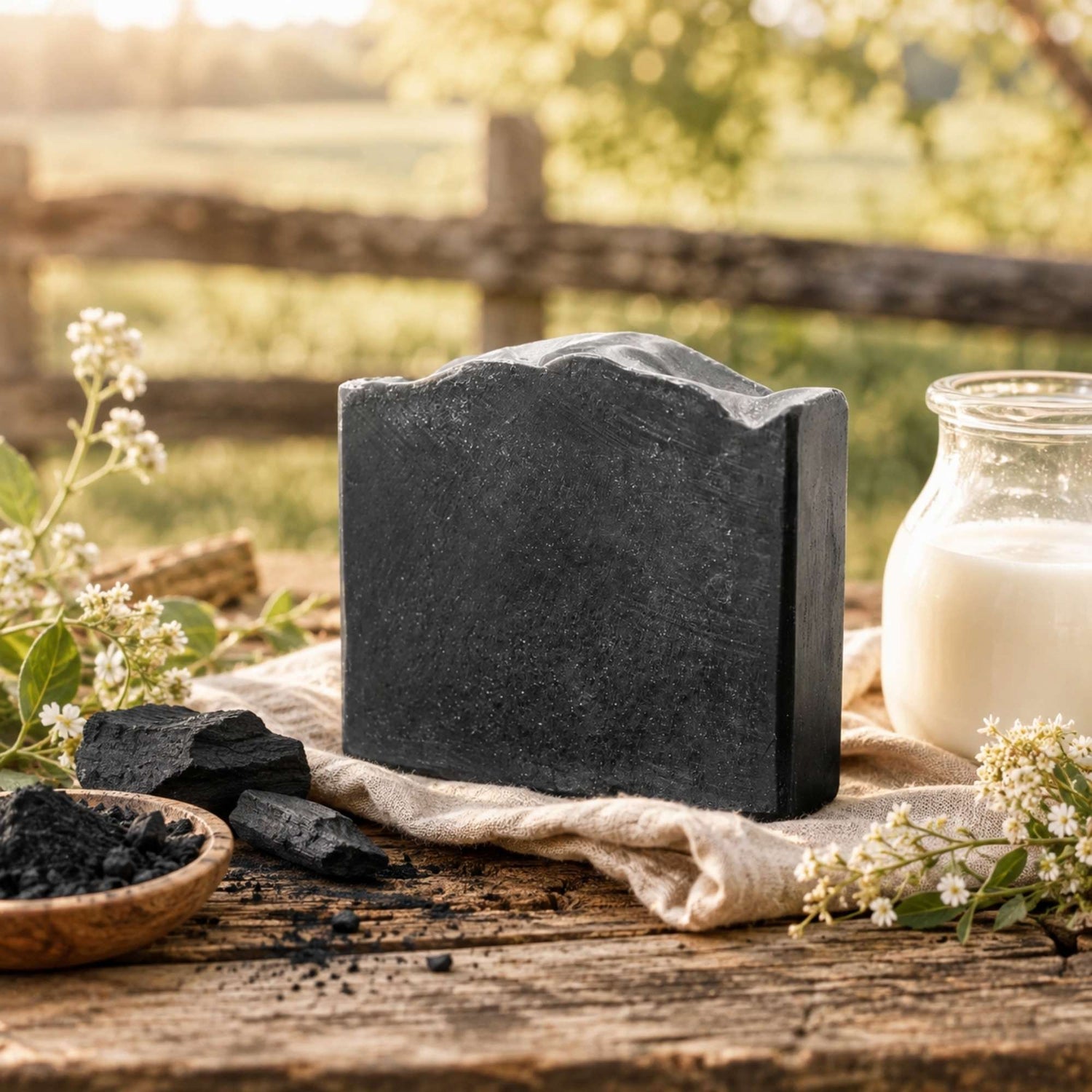 A squared bar of dark charcoal-colored soap  stands on a rustic wooden surface outdoors, styled with small white flowers, a glass jar of white liquid, loose black chunks, and a bowl of powder. A blurred fence and greenery appear in the background.