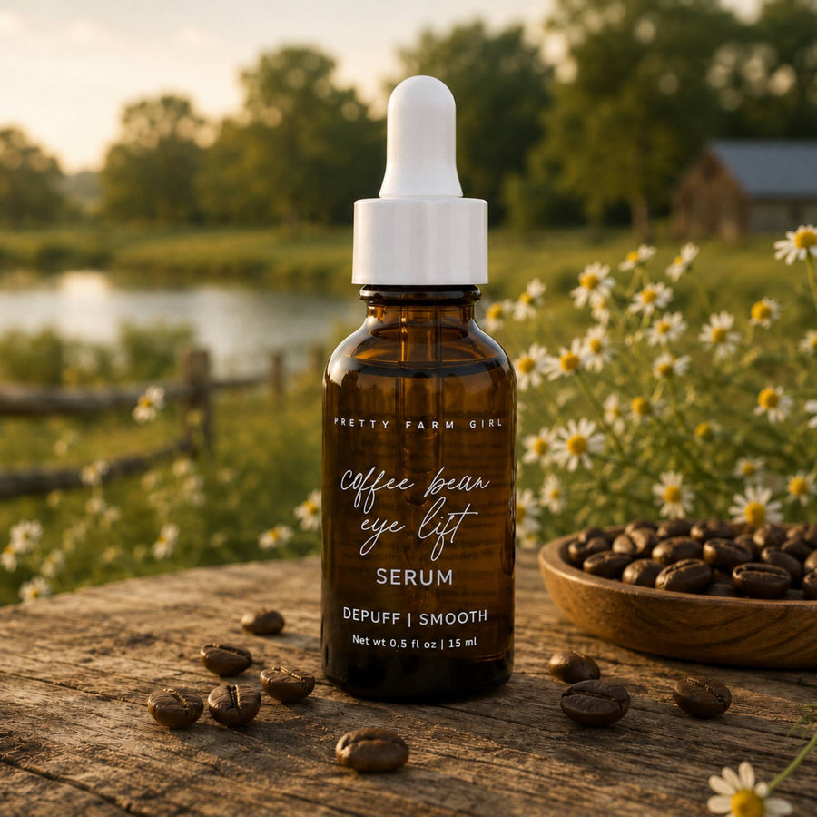 A bottle of Pretty Farm Girl Coffee Bean Eye Lift Serum stands on a rustic wooden surface outdoors, with coffee beans scattered around it and a bowl of coffee beans in the background. The setting includes a blurred pond, trees, and wildflowers at sunset.