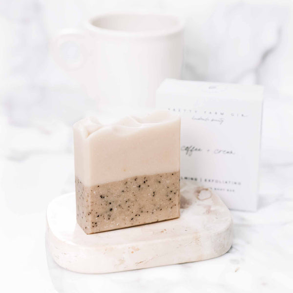 Coffee + Cream Soap Bar on a soft neutral background with product box
