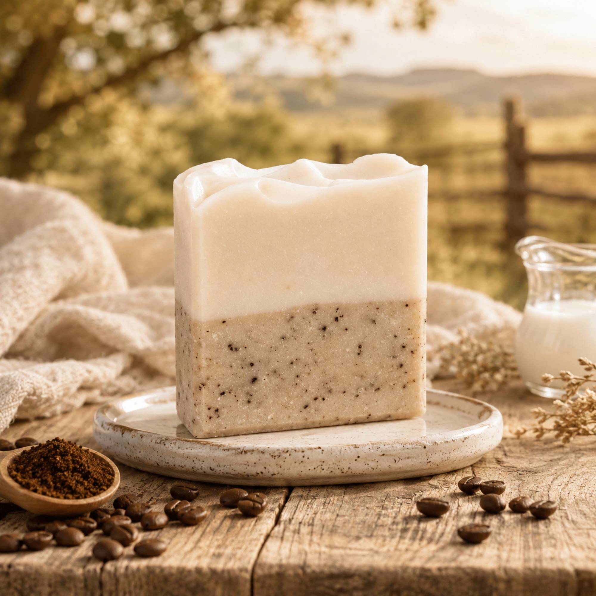 A rectangular bar of Coffee Bean + Cream soap with a creamy white top layer and a speckled beige bottom layer sits on a small ceramic dish on a rustic wooden table. Coffee beans, a small bowl of ground coffee, and a glass of milk are arranged around it, with a soft-focus outdoor background showing trees and a fence.
