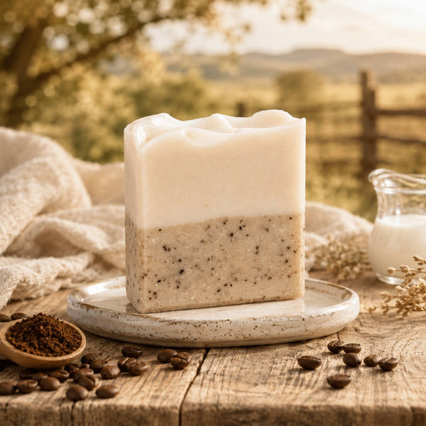 A rectangular bar of Coffee Bean + Cream soap with a creamy white top layer and a speckled beige bottom layer sits on a small ceramic dish on a rustic wooden table. Coffee beans, a small bowl of ground coffee, and a glass of milk are arranged around it, with a soft-focus outdoor background showing trees and a fence.