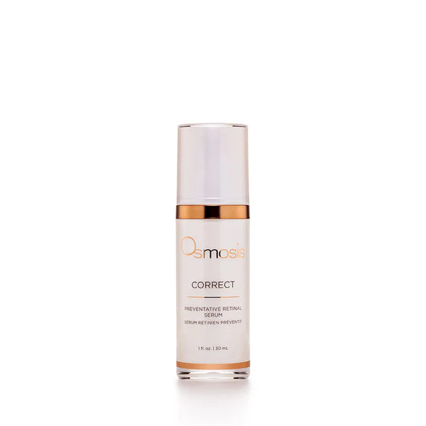 Osmosis Correct preventative retinol serum bottle on a white background