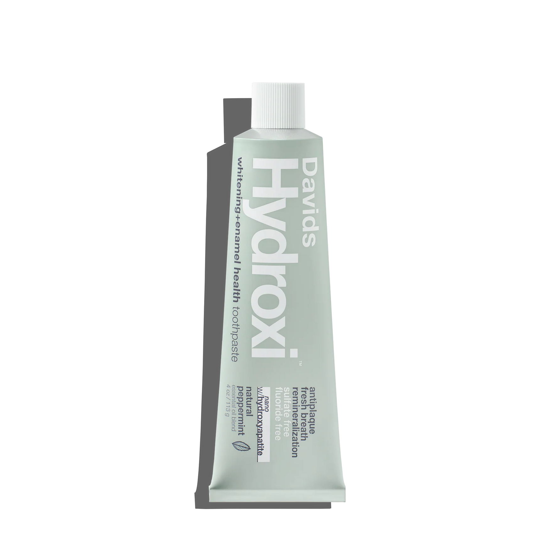 Davids Hydroxi peppermint 4oz toothpaste tube on a white background