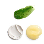 Three different textures of products on a white background. A green pesto-like masque, a white thick paste, and a yellow liquid like cream.
