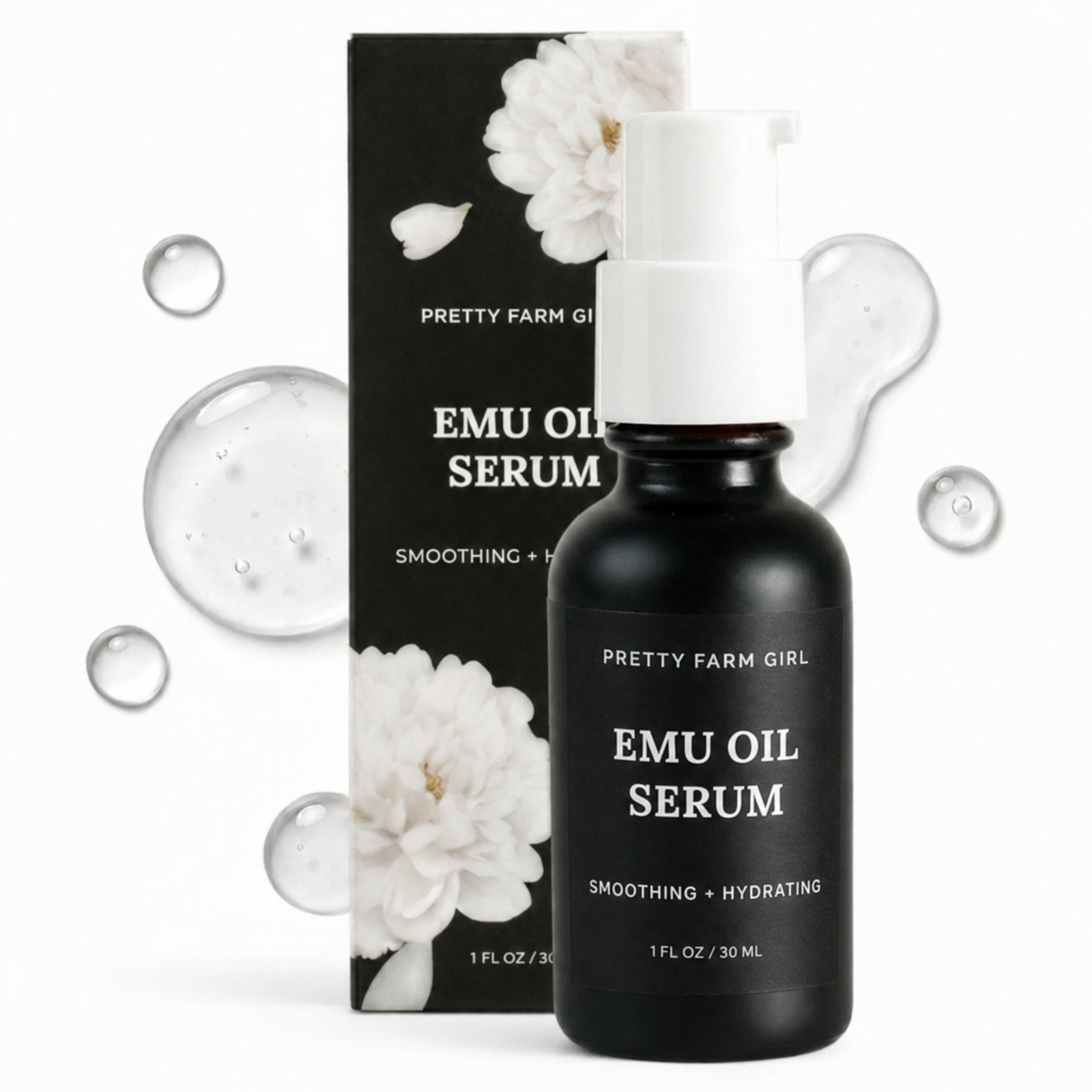 A black bottle of Pretty Farm Girl Emu Oil Serum with a white pump dispenser, shown in front of its black and white floral packaging box on a white background with decorative clear bubbles.
