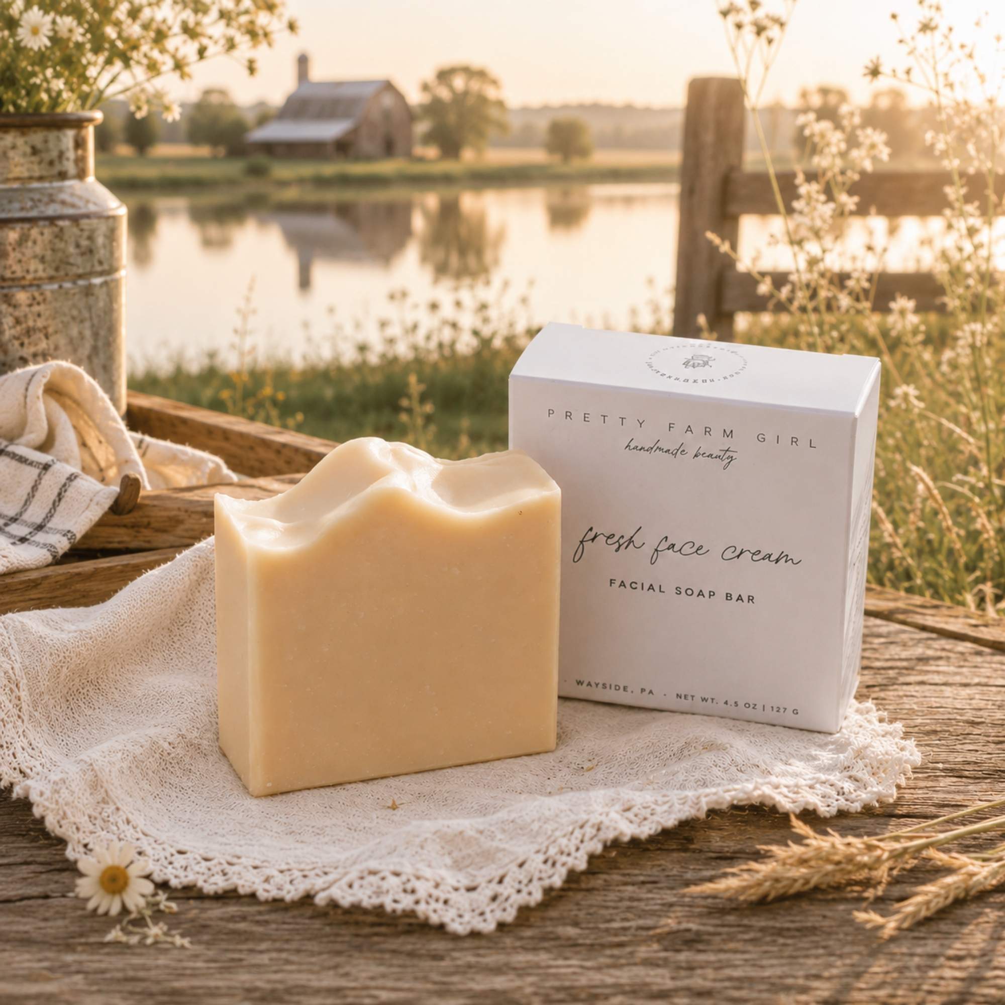 A handmade soap bar and its white packaging box are displayed on a rustic wooden table draped with a lace cloth, set against a warm, golden sunset background of a lake and farm fields. The soap is a warm cream color, and the box is white with black text reading 'PRETTY FARM GIRL handmade beauty' and 'fresh face cream FACIAL SOAP BAR'.