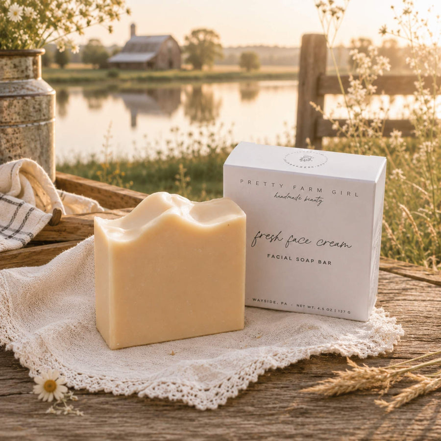 A handmade soap bar and its white packaging box are displayed on a rustic wooden table draped with a lace cloth, set against a warm, golden sunset background of a lake and farm fields. The soap is a warm cream color, and the box is white with black text reading 'PRETTY FARM GIRL handmade beauty' and 'fresh face cream FACIAL SOAP BAR'.