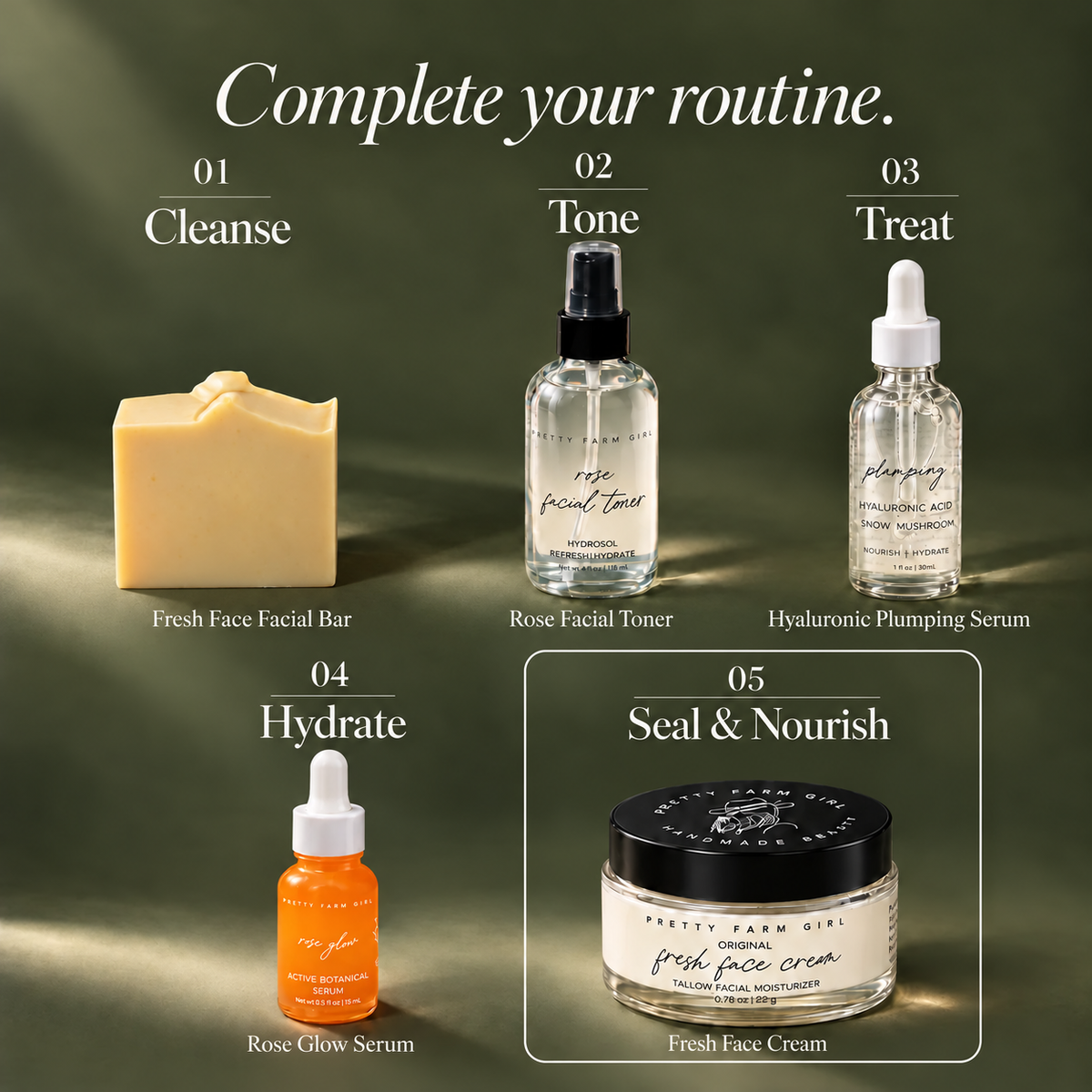 Five-step skincare routine: cleanse, tone, treat, hydrate, then seal and nourish with Pretty Farm Girl Fresh Face Cream.