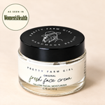 Pretty Farm Girl Fresh Face Cream tallow facial moisturizer, 22 g jar with black lid, on a cream background with an As Seen in Women's Health badge.