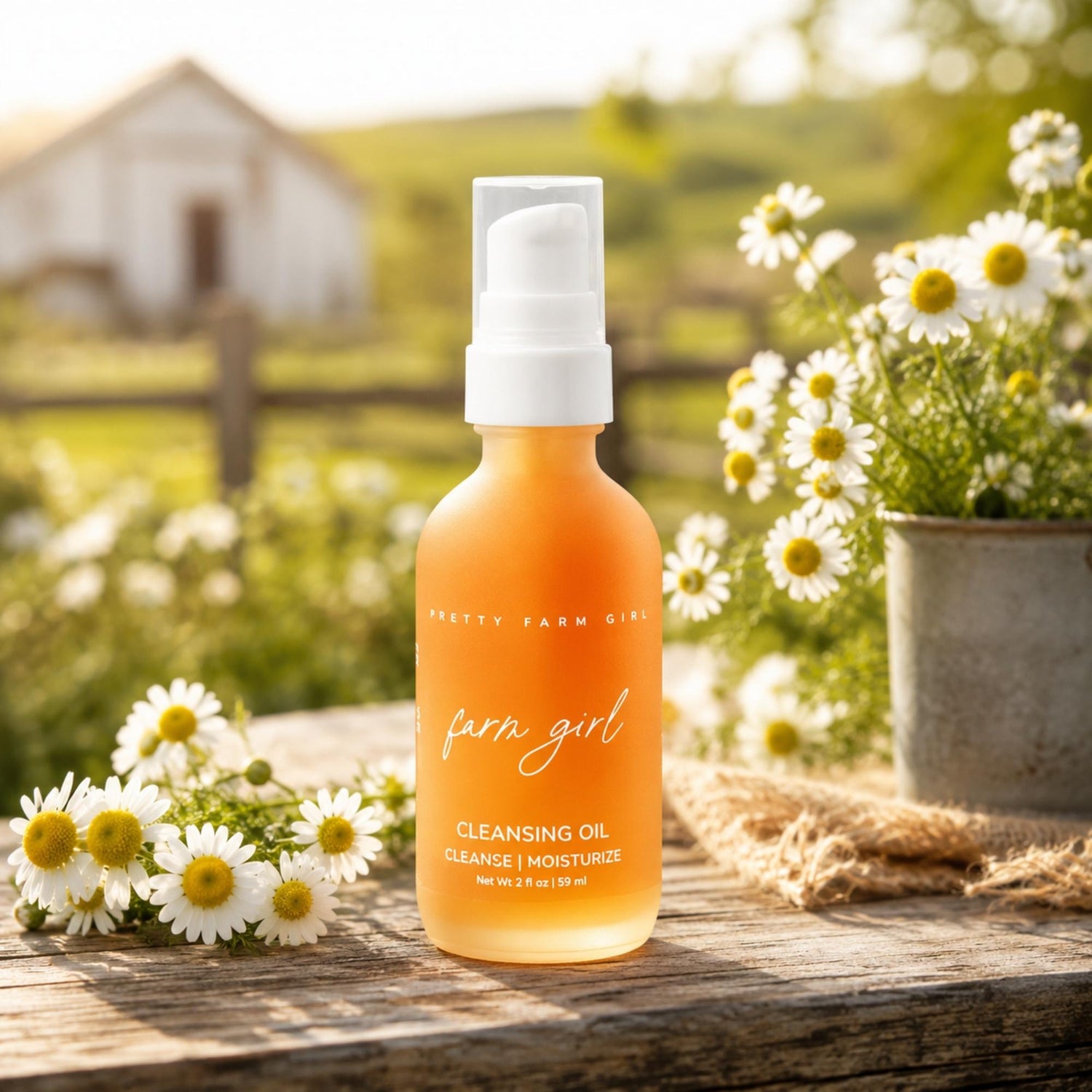 A bottle of 'farm girl' cleansing oil by Pretty Farm Girl stands on a rustic wooden table surrounded by white daisies, with a blurred green field and barn in the background.