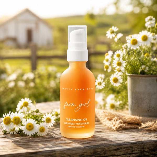 A bottle of 'farm girl' cleansing oil by Pretty Farm Girl stands on a rustic wooden table surrounded by white daisies, with a blurred green field and barn in the background.