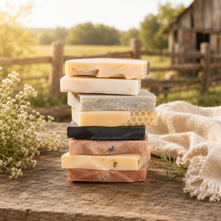 A stack of eight artisanal handmade soap bars in various colors and textures, styled on a rustic wooden table with a linen cloth and baby's breath flowers, set against a blurred background of a barn and field.