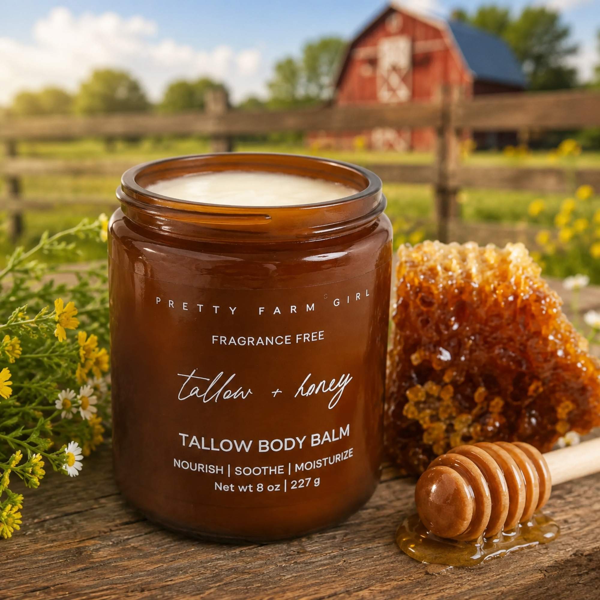 An amber glass jar of Pretty Farm Girl Tallow + Honey body balm sits on a rustic wooden table outdoors, with a honeycomb, honey dipper, and wildflowers in the foreground and a blurred red barn in the background.