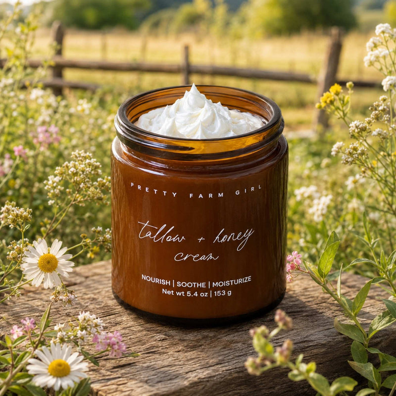 An amber glass jar of Pretty Farm Girl Tallow + Honey Cream sits on a rustic wooden surface surrounded by wildflowers in an outdoor field setting.