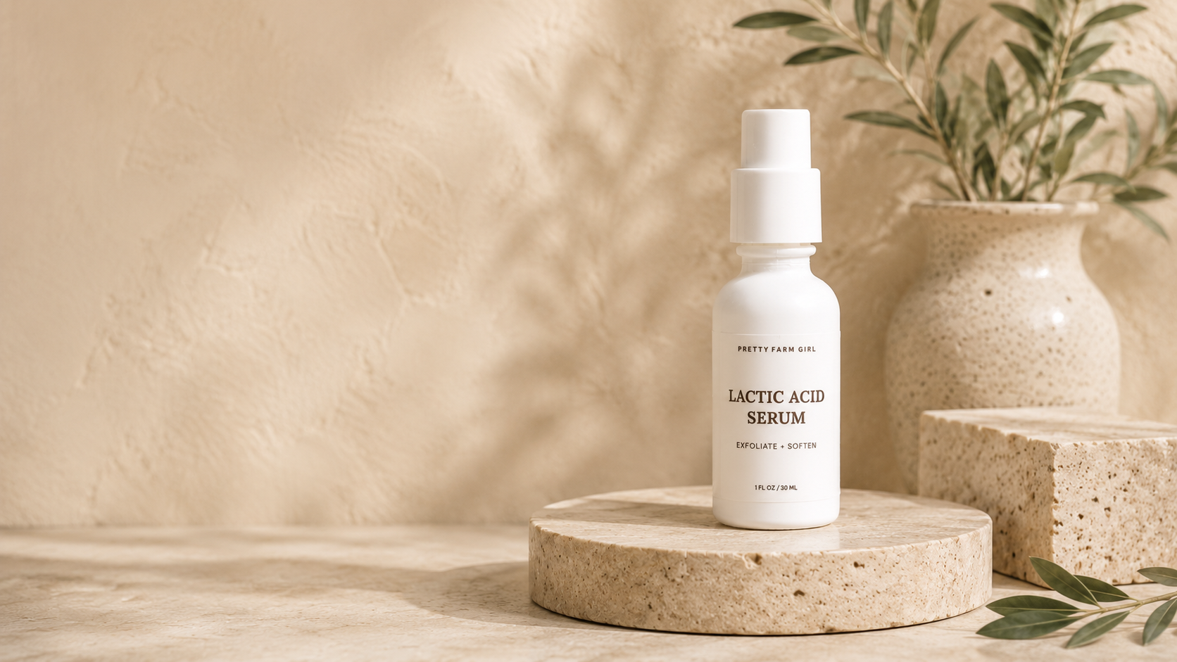 Pretty Farm Girl Lactic acid serum bottle on a wooden stand with a natural background