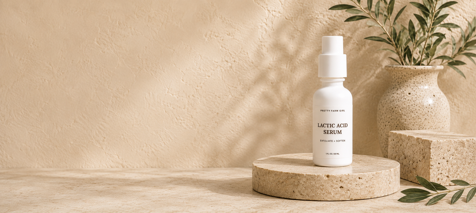 Pretty Farm Girl Lactic acid serum bottle on a wooden stand with a natural background