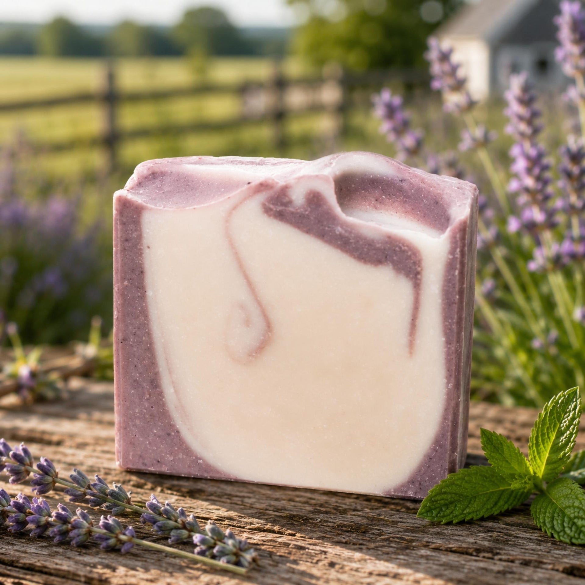 A rectangular bar of lavender & mint soap with a white and dusty purple swirl pattern, displayed on a rustic wooden surface with fresh lavender sprigs and mint leaves, set against a blurred background of a green field and lavender flowers.