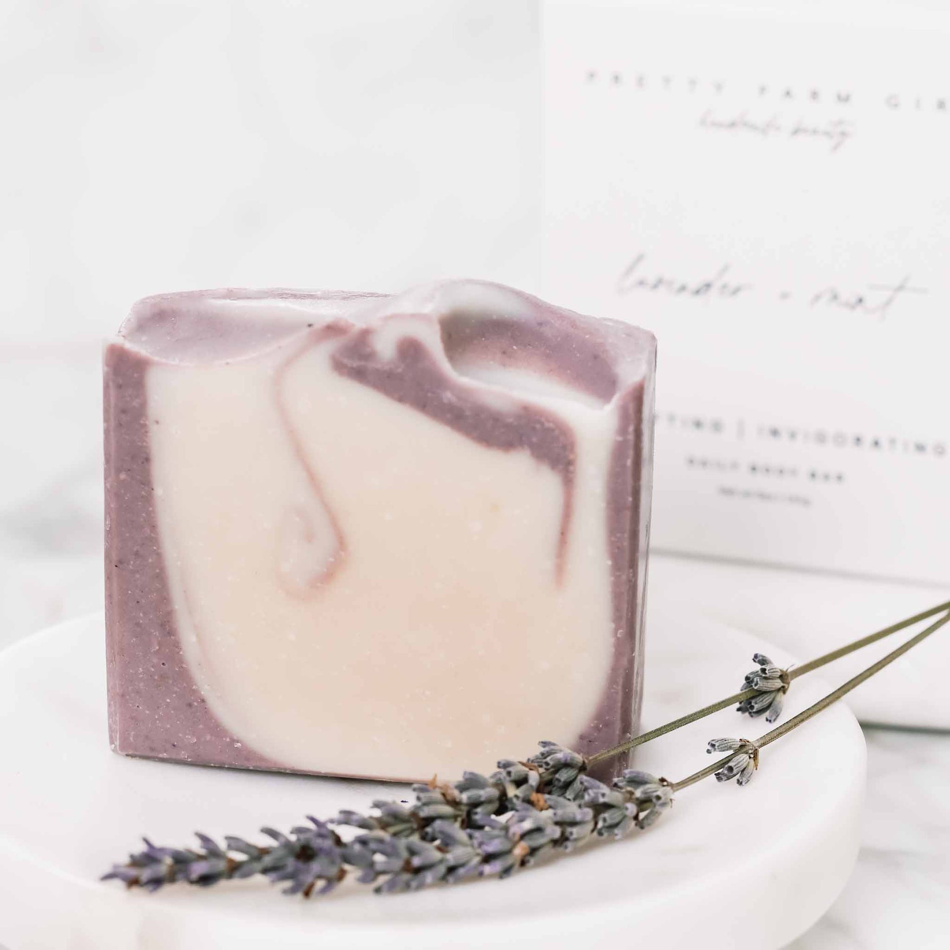 Lavender + Mint Soap Bar with product box and lavender sprig