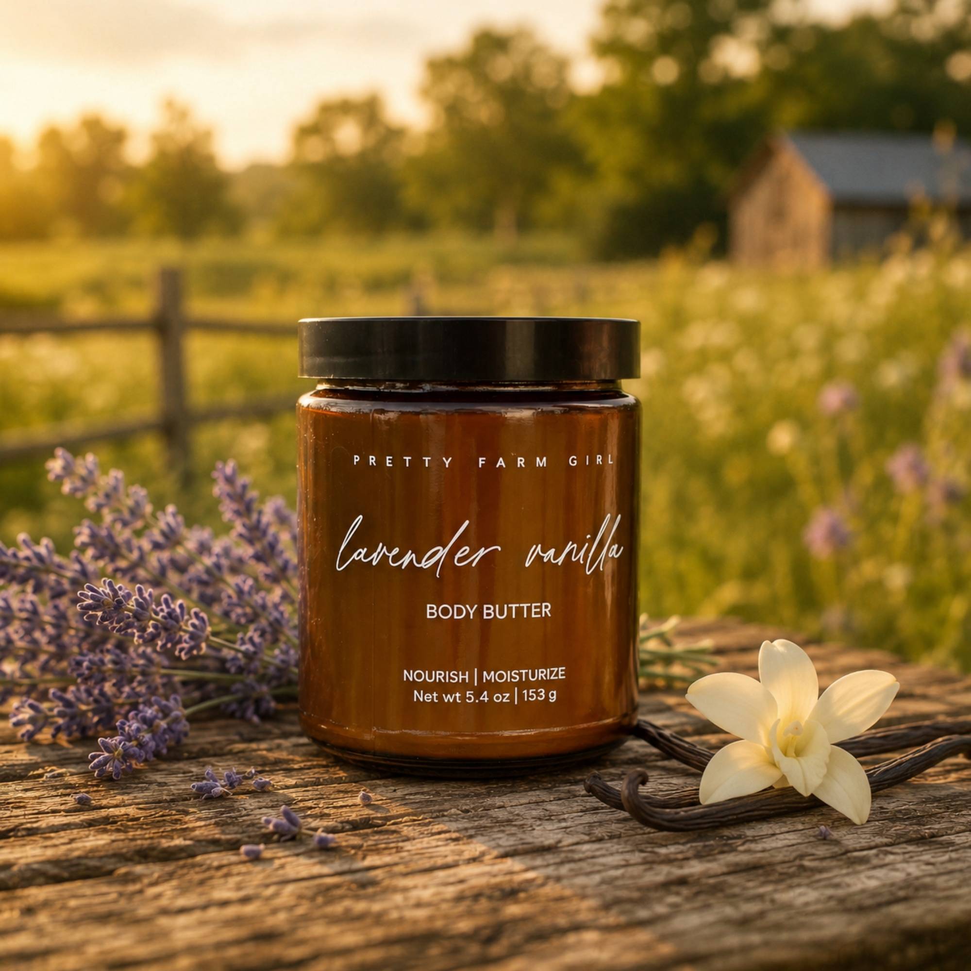 A jar of Pretty Farm Girl lavender vanilla body butter sits on a rustic wooden surface outdoors, surrounded by lavender sprigs, a vanilla bean, and a white flower, with a blurred field and fence in the background.