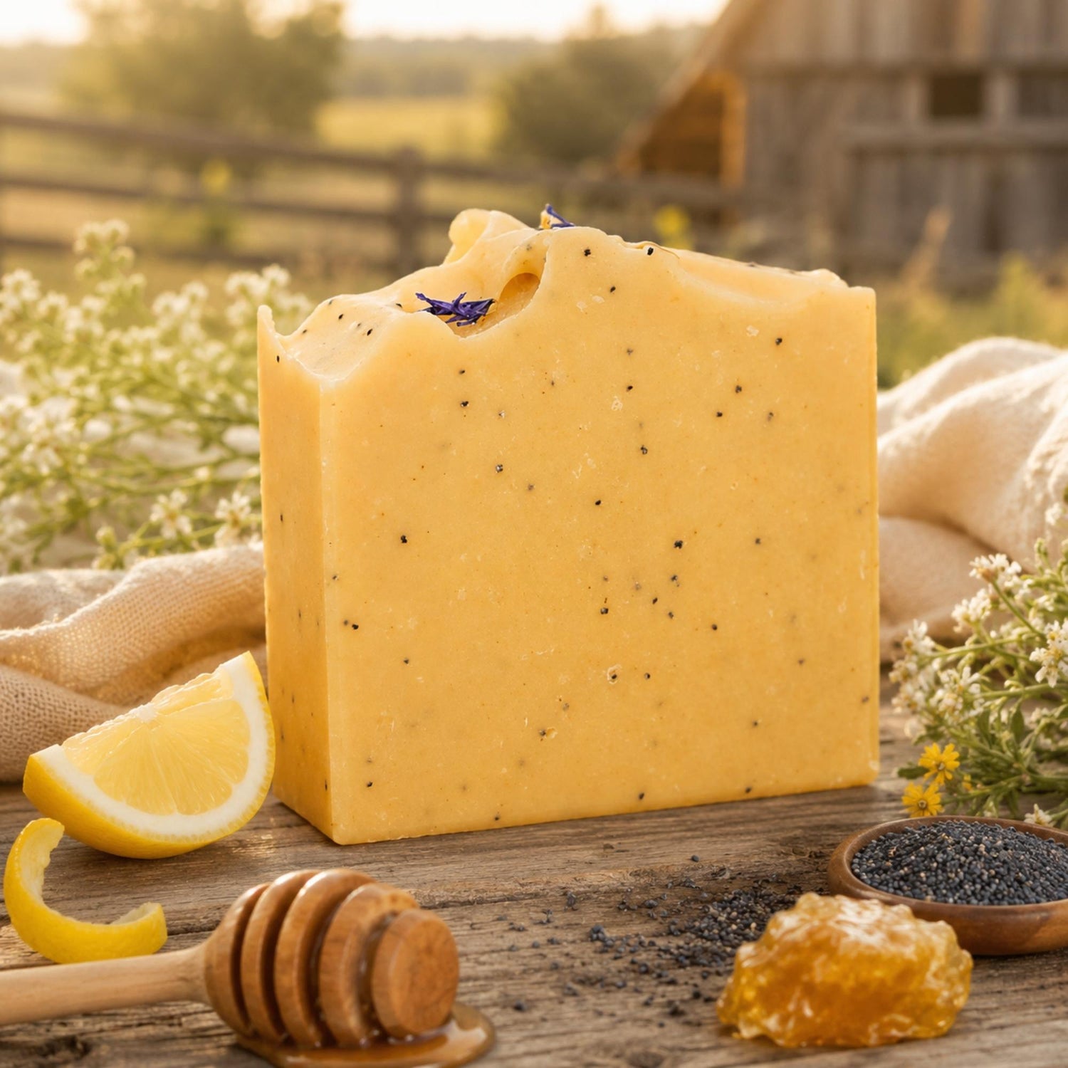 A rectangular bar of Lemon, Honey & Poppy Seed soap with small dark specks and a tiny purple flower on top, styled on a rustic wooden surface with lemon slices, a honey dipper, honeycomb, black seeds, and flowers in a soft outdoor setting.