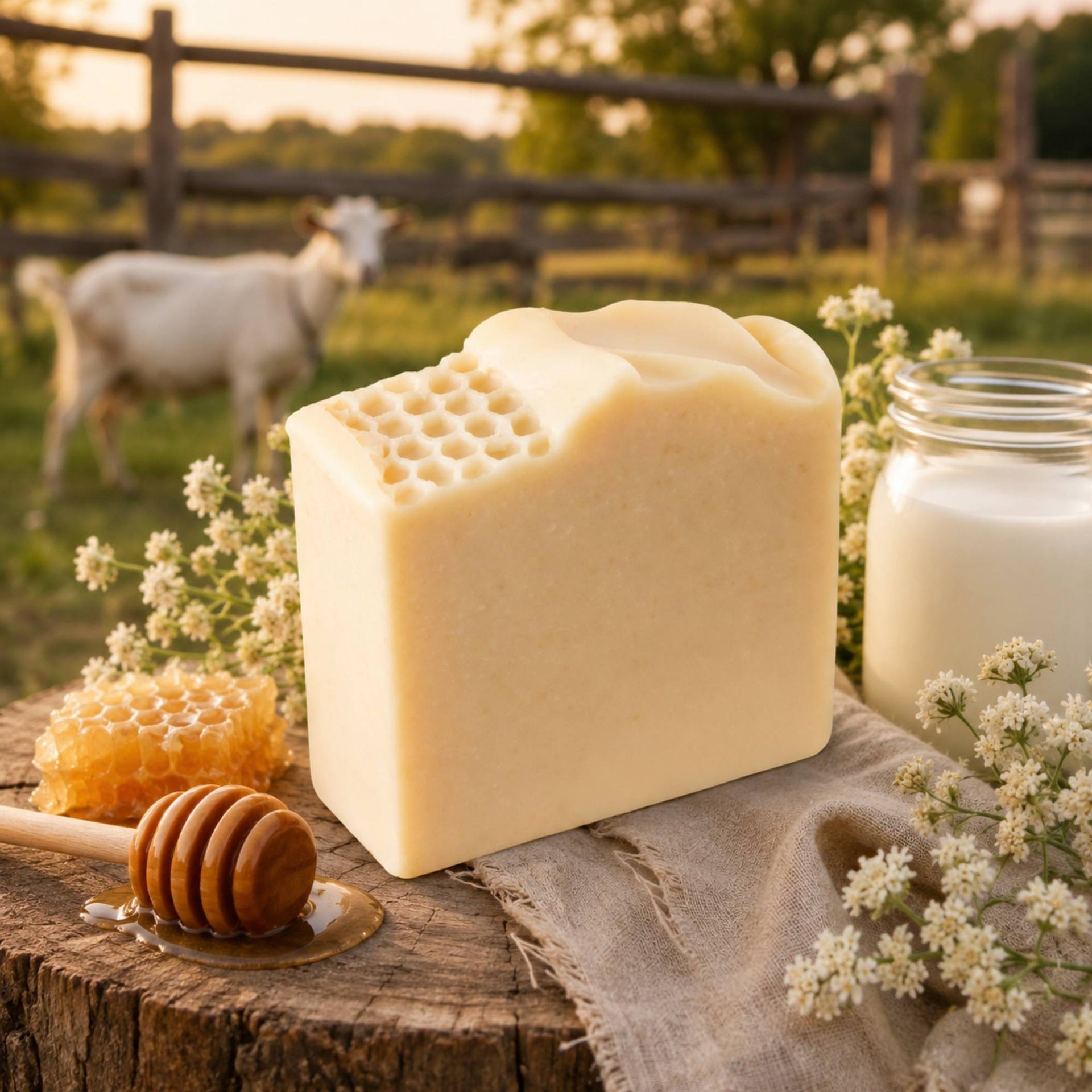 A rectangular bar of Fragrance Free Milk & Honey soap with a honeycomb texture on top, styled on a rustic wooden stump with a honey dipper, a jar of white honey, and wildflowers, with a blurred goat and fence in the background.