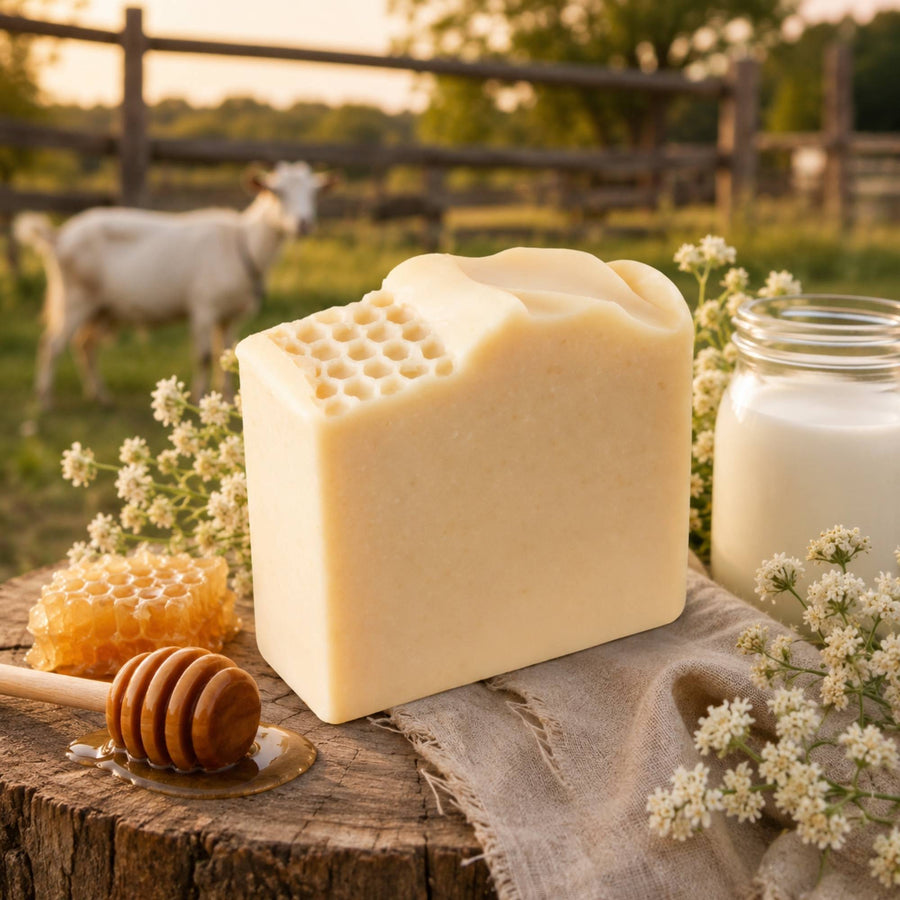 A rectangular bar of Fragrance Free Milk & Honey soap with a honeycomb texture on top, styled on a rustic wooden stump with a honey dipper, a jar of white honey, and wildflowers, with a blurred goat and fence in the background.