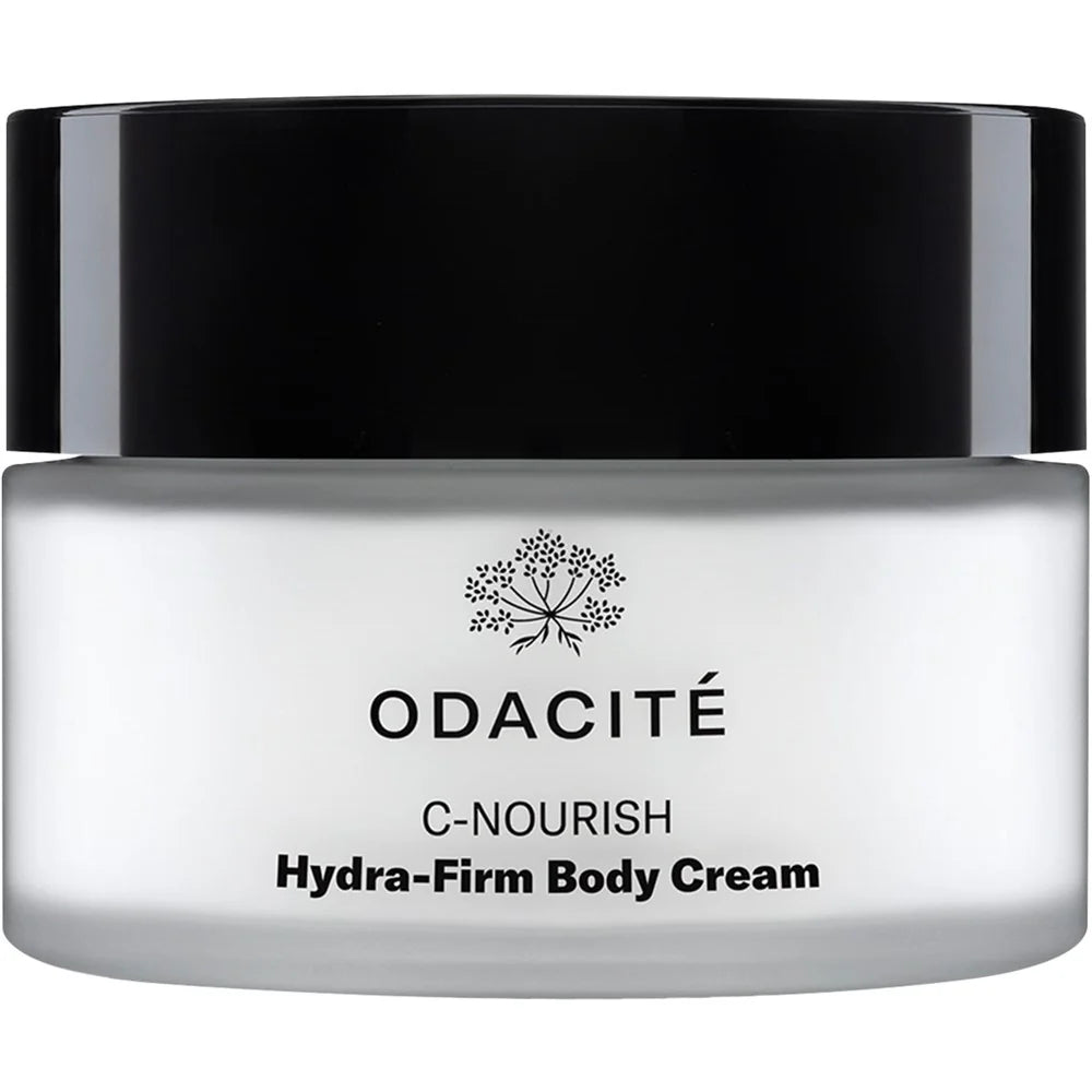 Odacite C-Nourish Hydra-Firm Body Cream jar with black lid on a white background