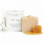 Pretty Farm Girl soap bar with honeycomb and packaging on a white background