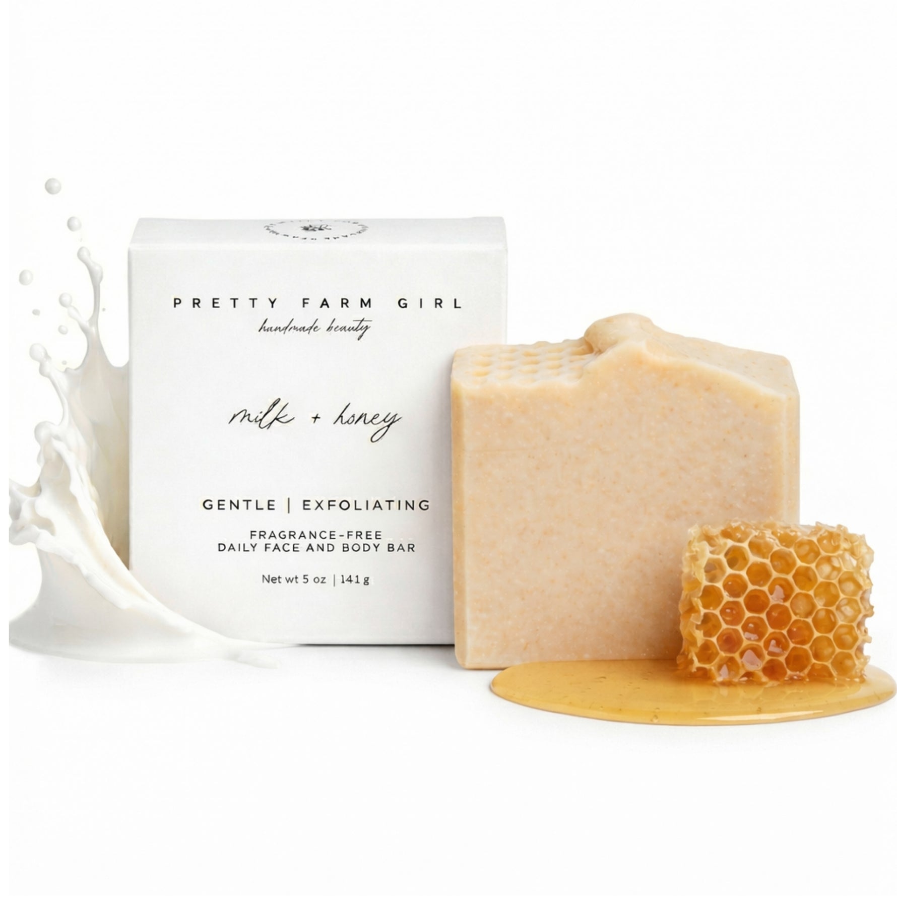 Pretty Farm Girl soap bar with honeycomb and packaging on a white background