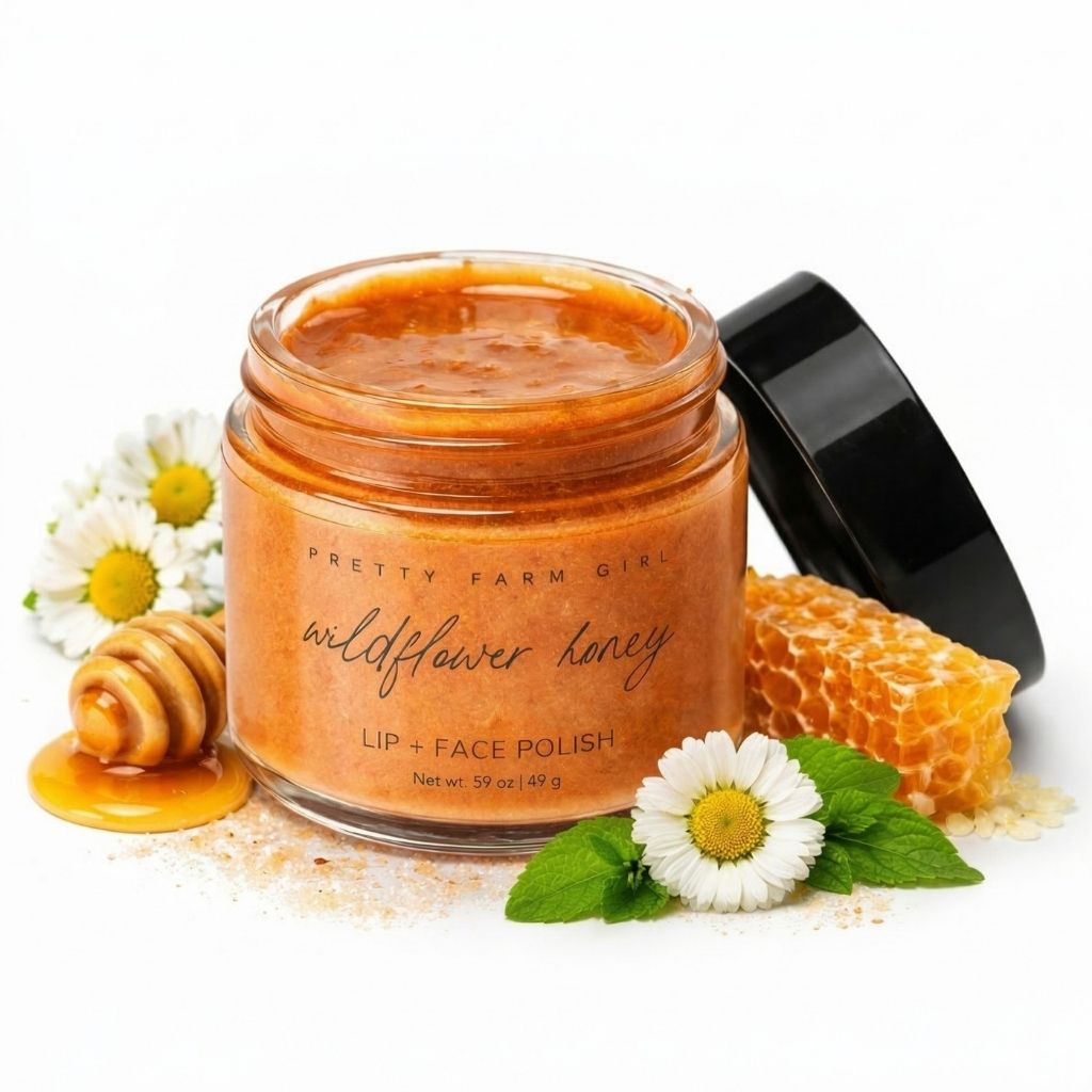 Pretty Farm Girl Wildflower Honey Lip & Face Polish jar with honeycomb and chamomile accents.
