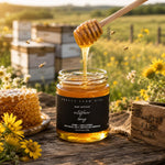 A jar of Pretty Farm Girl wildflower honey sits on a rustic wooden table in a sunlit field, with honey dripping from a wooden dipper above the open jar. Bees, flowers, honeycomb, and a wooden crate are visible around it.