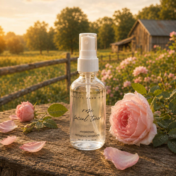 A bottle of Pretty Farm Girl Rose Facial Toner sits on a rustic wooden surface outdoors, surrounded by pink roses and petals, with a sunlit field and barn in the background.