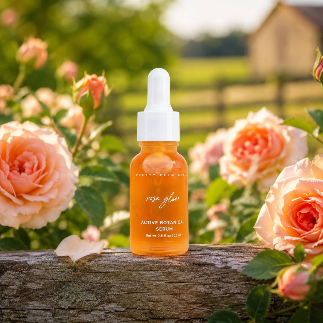 A small Pretty Farm Girl dropper bottle 'rose glow active botanical serum' stands on a weathered wooden surface outdoors, surrounded by peach roses and green foliage with a blurred farm background.